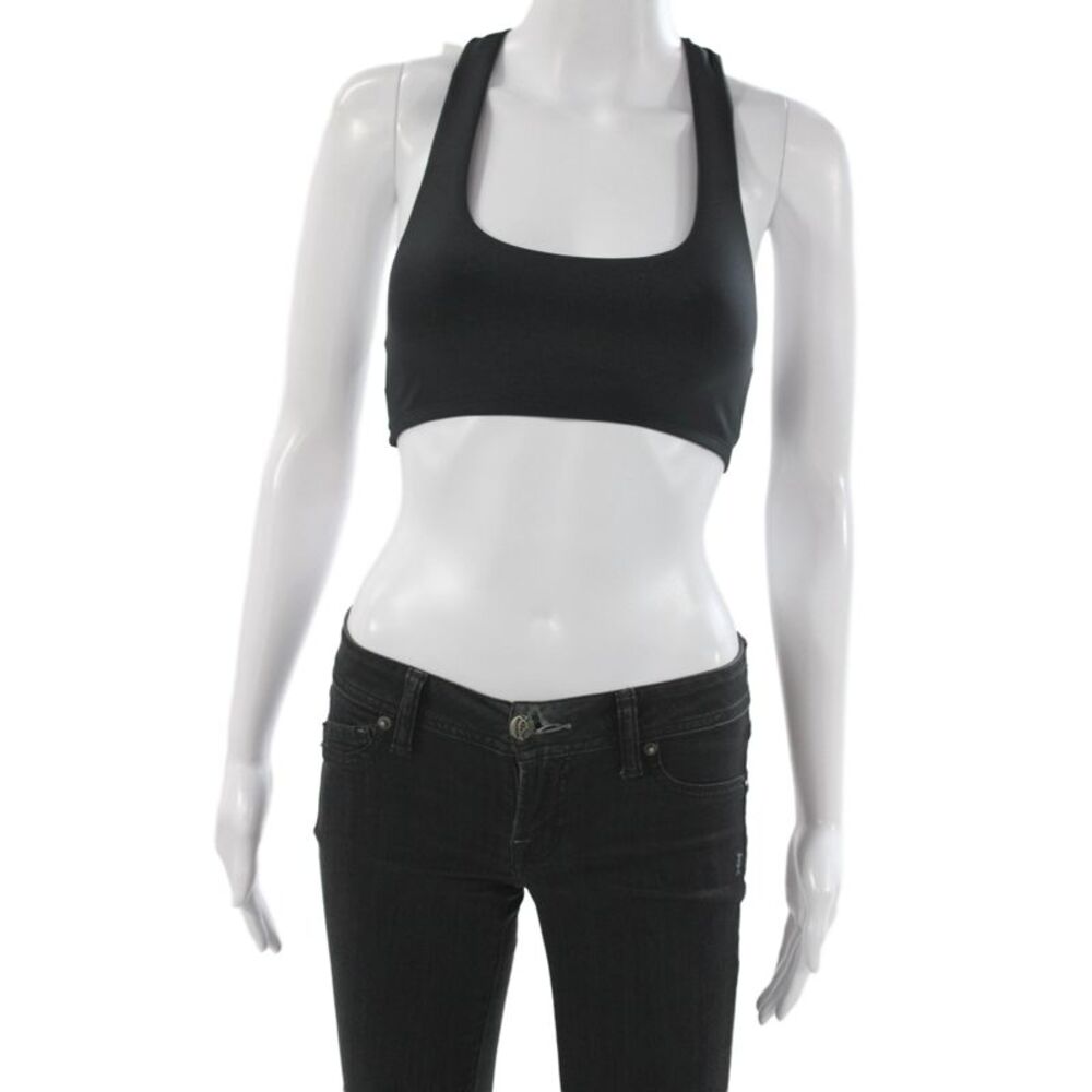 Alo Womens Logo Back Scoop Neck Stretch Knit Sports Bra Black Size 2XS